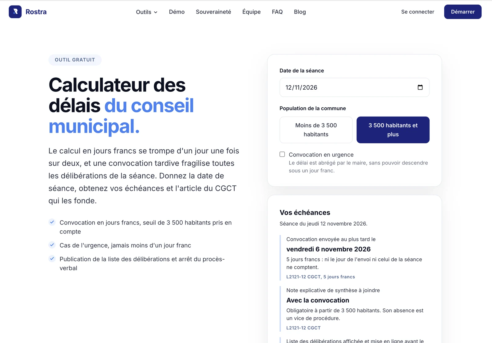 Le calculateur de délais de Rostra pour une séance du jeudi 12 novembre 2026 dans une commune de 3 500 habitants et plus : convocation au plus tard le vendredi 6 novembre, note explicative de synthèse à joindre.