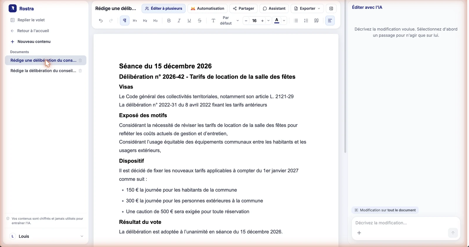 La délibération n° 2026-42 telle que le générateur la produit : visas, exposé des motifs, dispositif chiffré et résultat du vote.