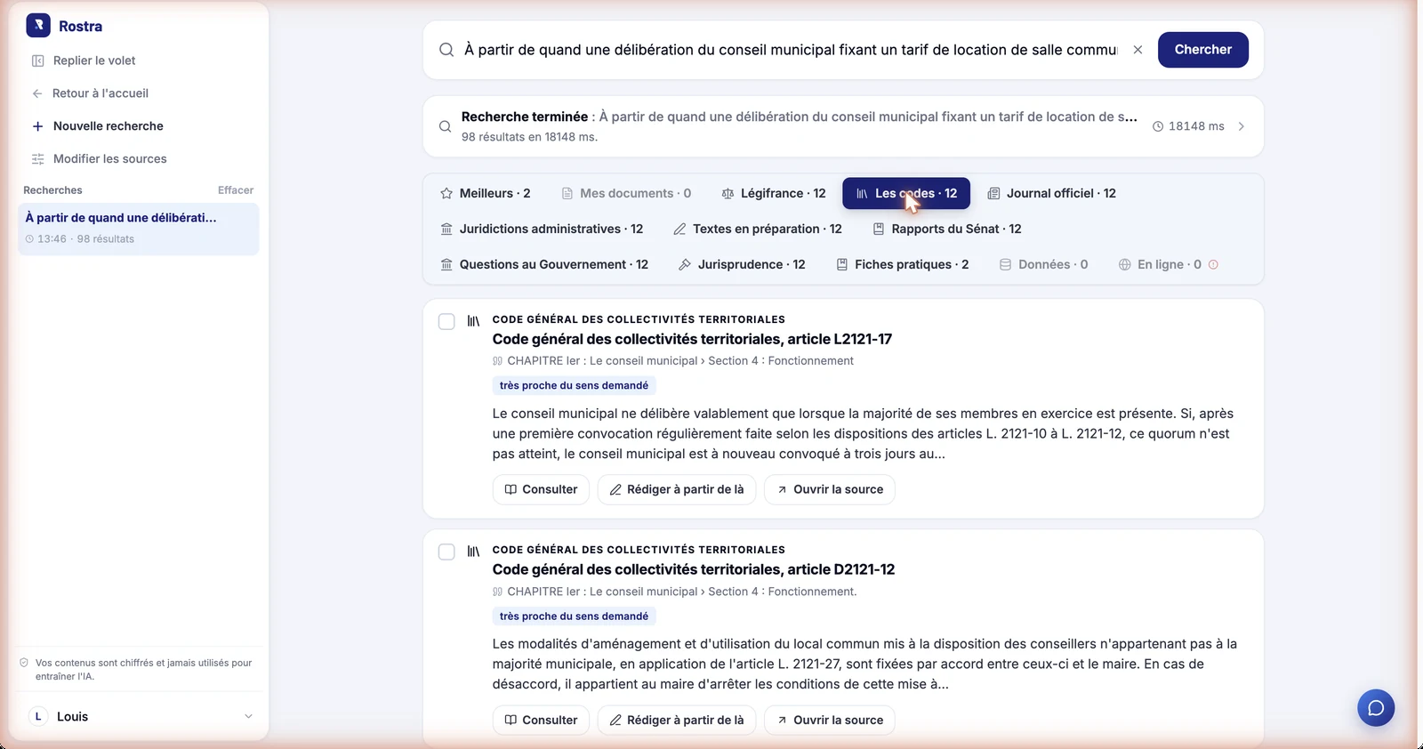 Une question posée en langage courant, 98 résultats en 18 secondes, et chaque article du CGCT rendu avec sa provenance.