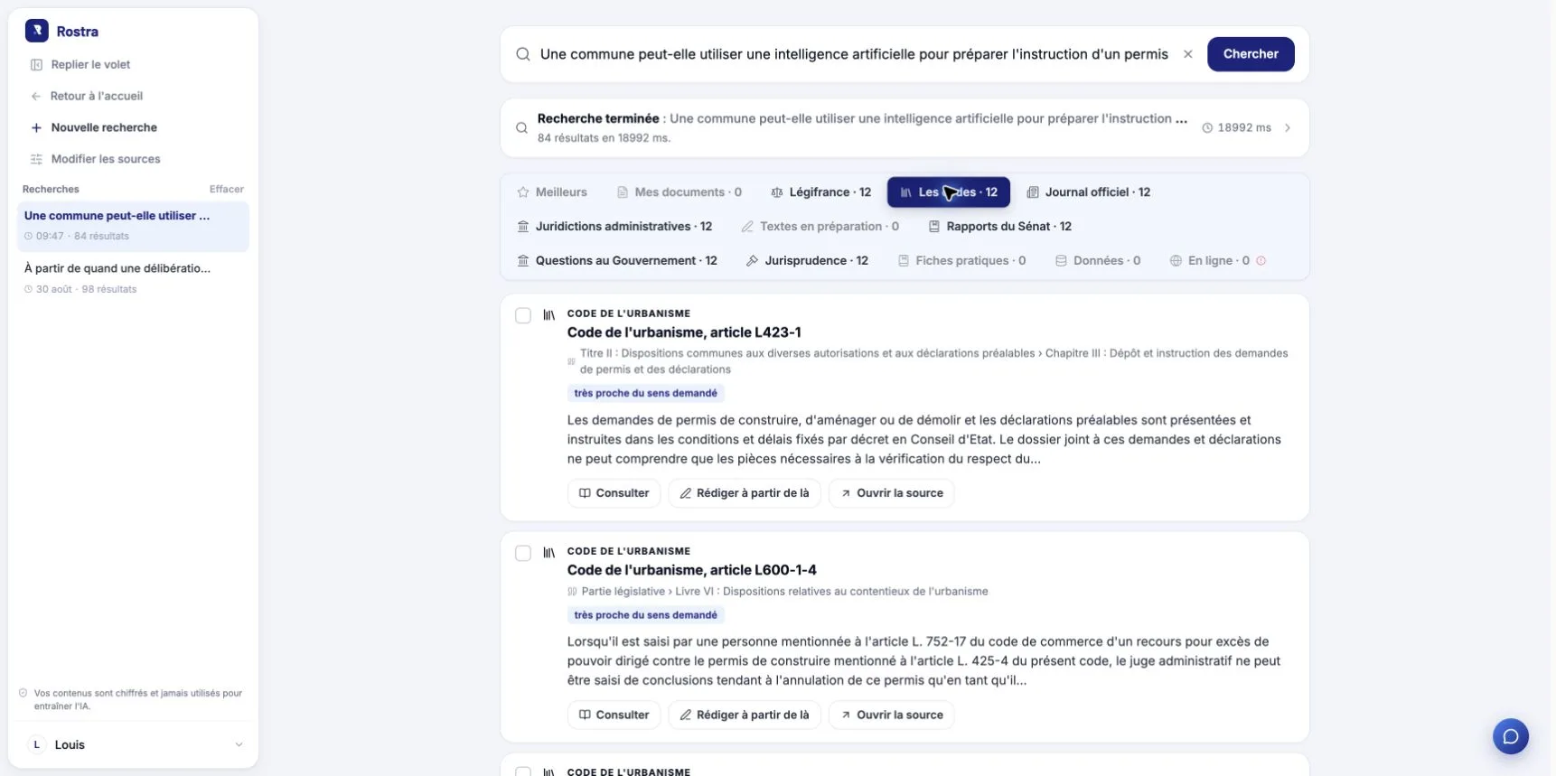 Recherche réelle dans Rostra sur l'utilisation de l'IA pour préparer l'instruction d'un permis de construire : 84 résultats, sources Légifrance et articles du code de l'urbanisme.