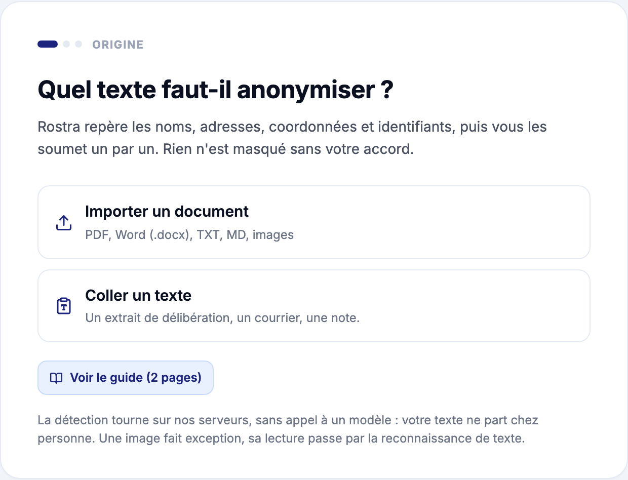 Import d'un document à anonymiser dans Rostra, ou collage d'un extrait de texte