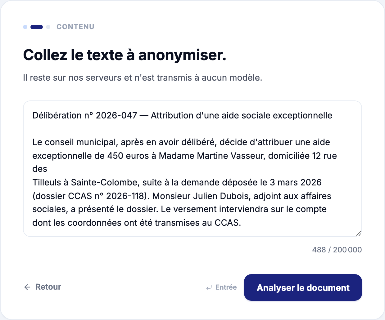 Extrait de délibération collé dans l'outil d'anonymisation de Rostra