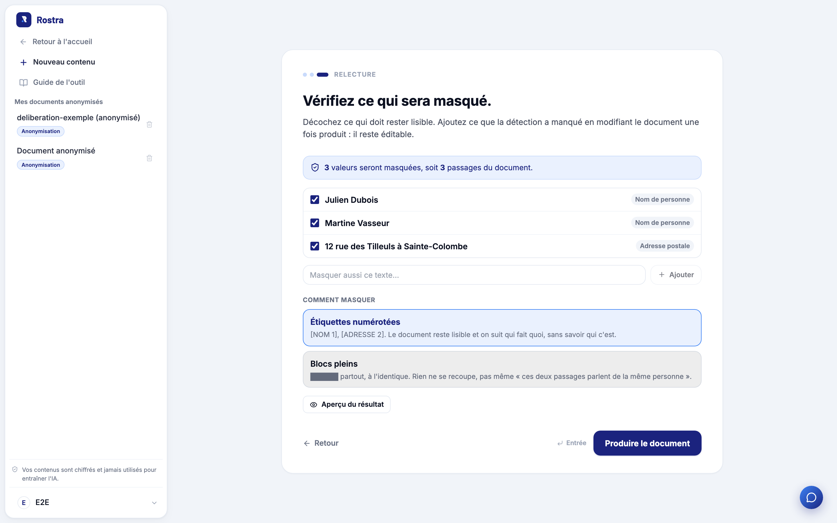 Validation des données personnelles détectées par Rostra : noms et adresse, à masquer ou à conserver