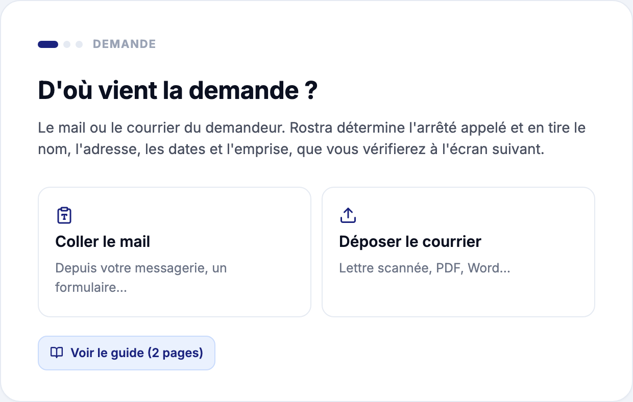 Point de départ d'un arrêté municipal dans Rostra : coller le mail du demandeur ou déposer le courrier