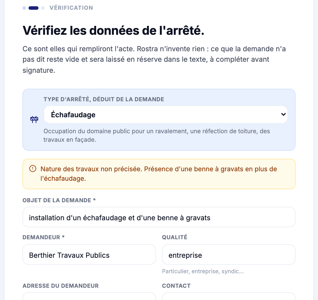 Éléments extraits d'une demande d'occupation du domaine public dans Rostra : type d'arrêté, demandeur, adresse, dates