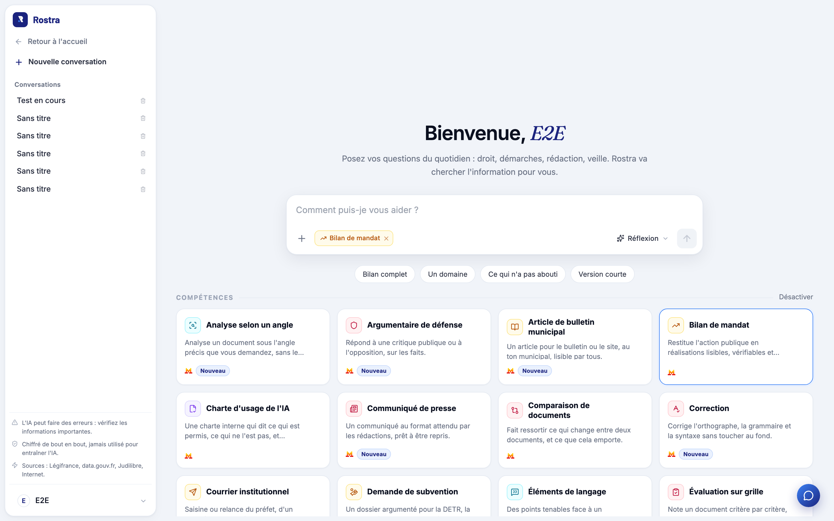 Compétences chargeables dans l'assistant Rostra : bilan de mandat, communiqué, charte d'usage de l'IA