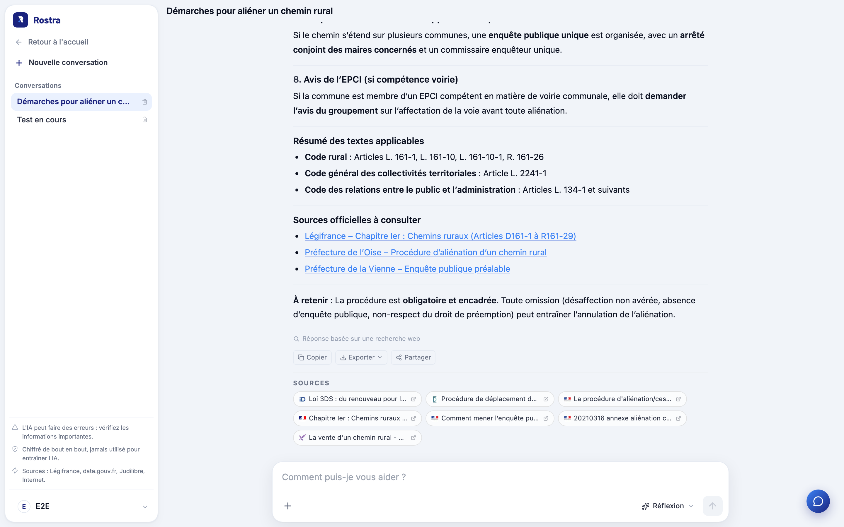 Réponse de l'assistant Rostra sur l'aliénation d'un chemin rural, avec les textes applicables et ses sources