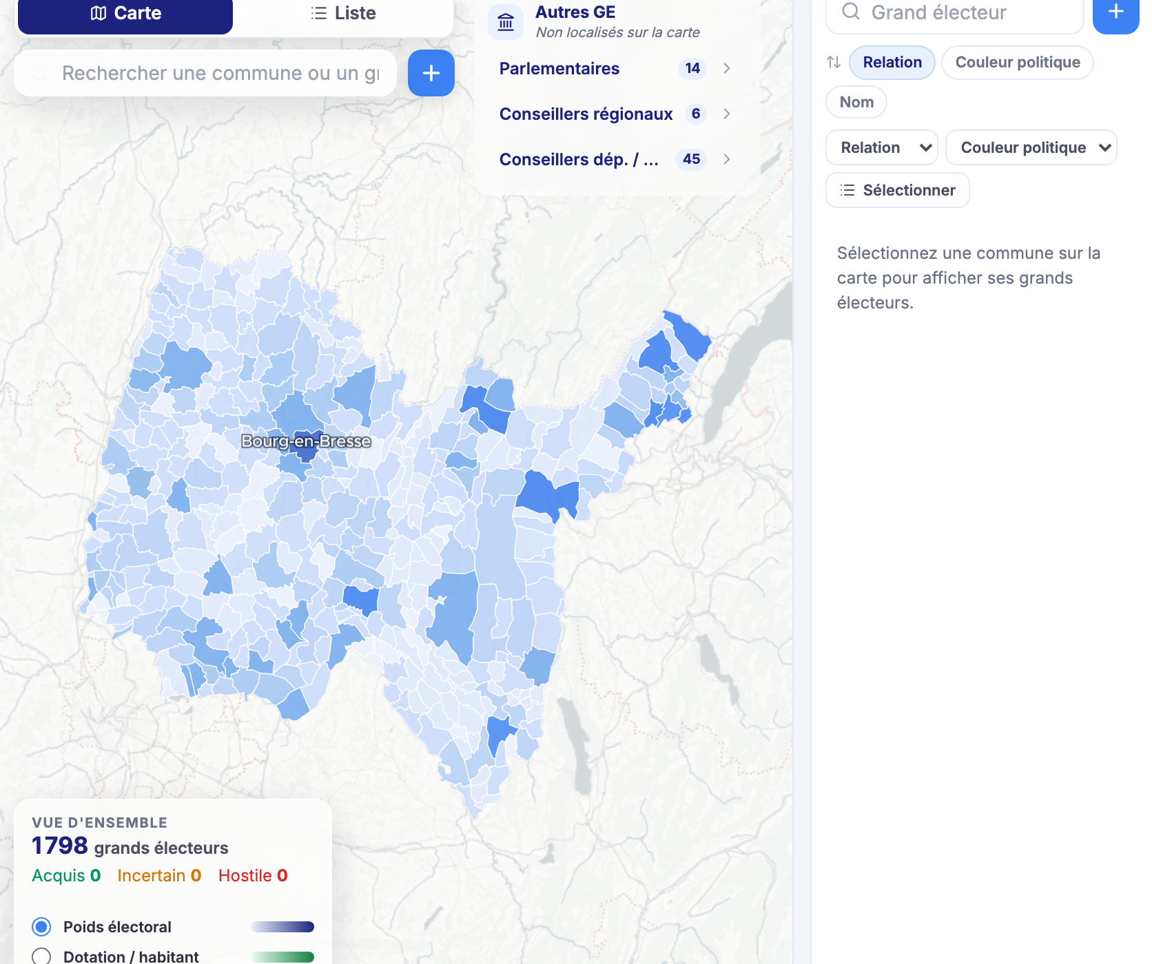 Cartographie Sénat de Rostra : poids électoral par commune
