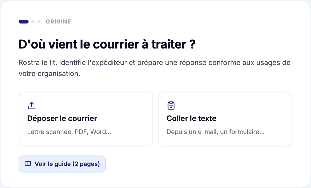 Choix de l'origine du courrier dans Rostra : déposer le document reçu ou coller le texte