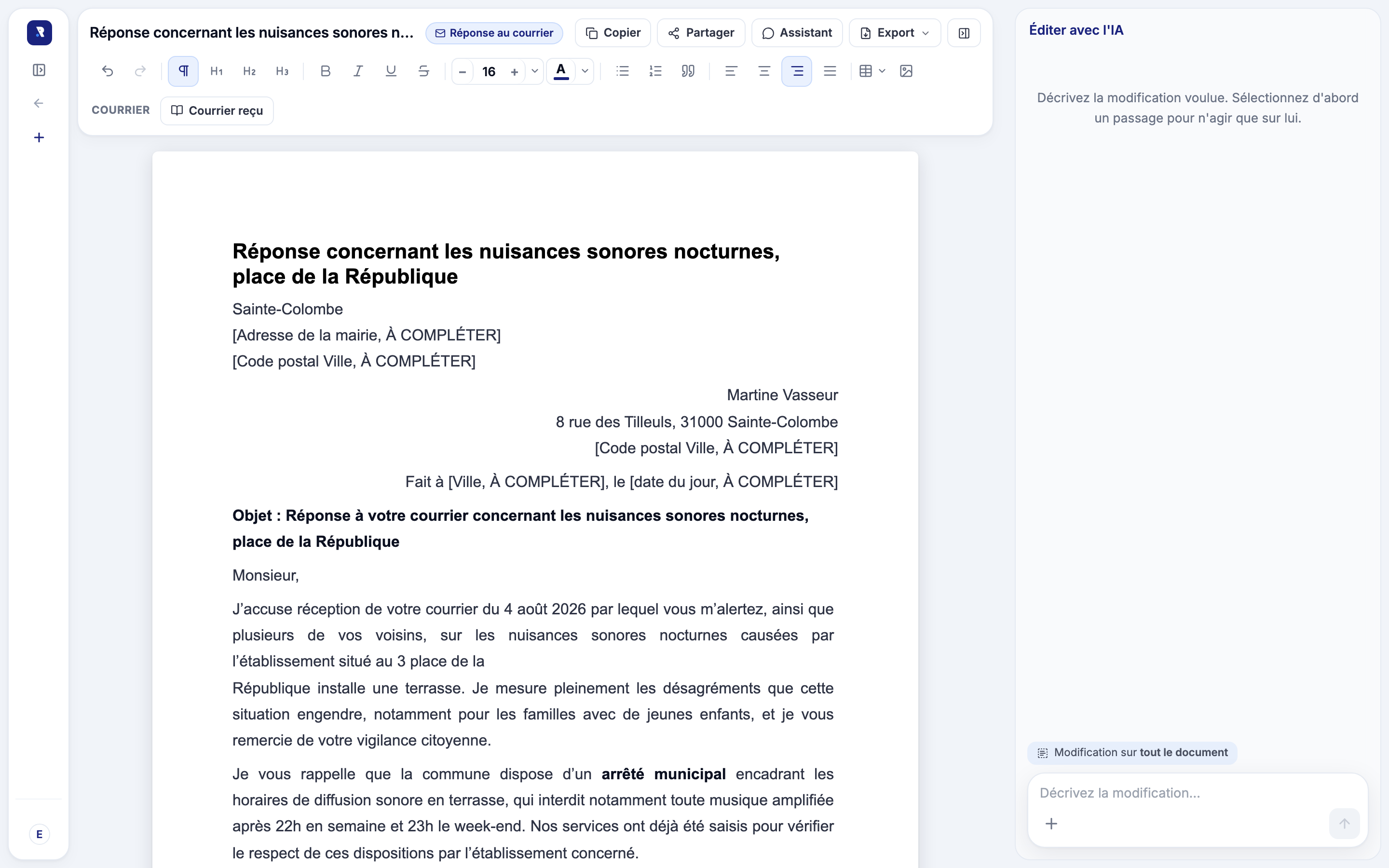 Réponse à un courrier d'administré rédigée par Rostra, ouverte dans l'éditeur assisté par IA