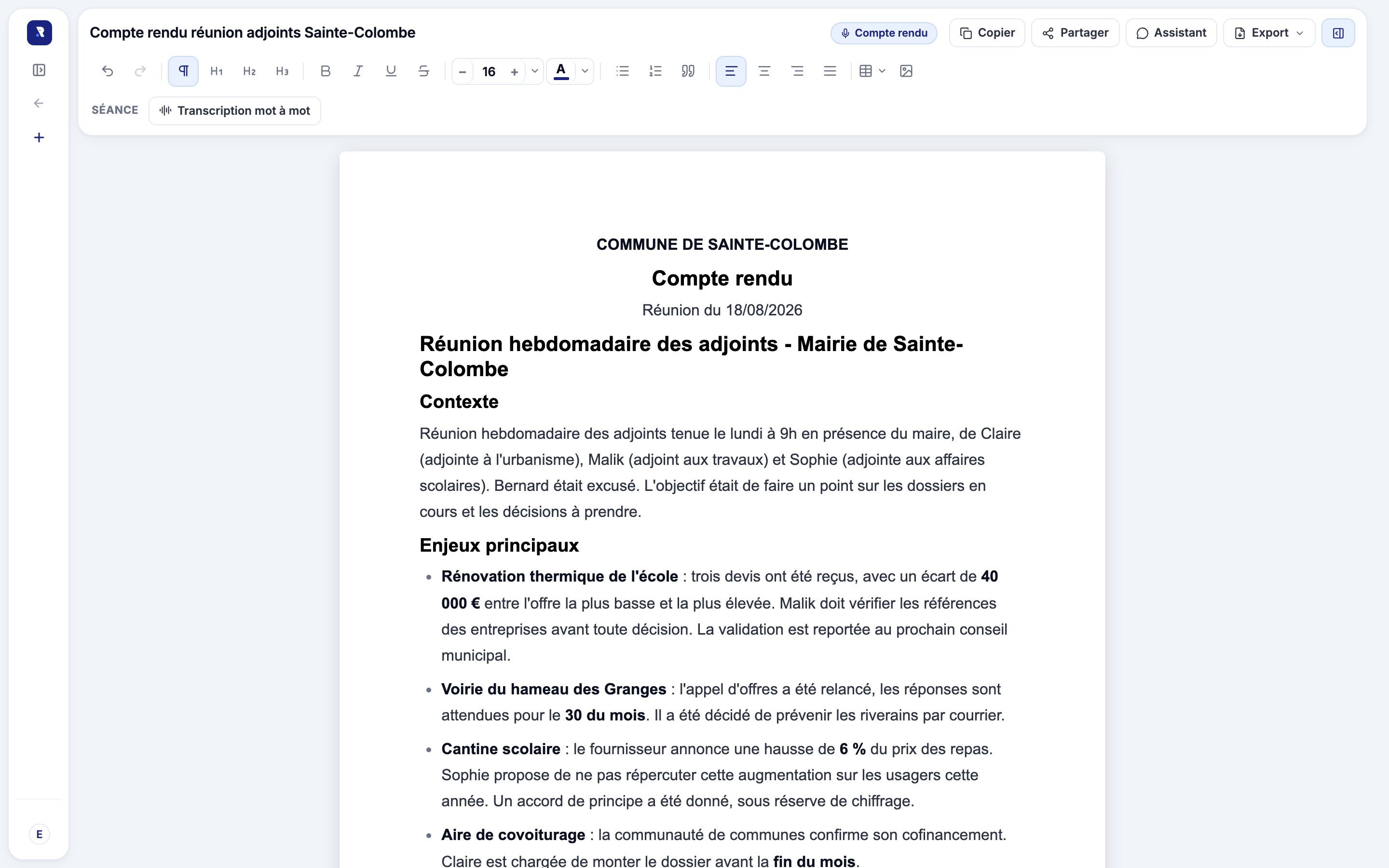 Compte rendu généré par Rostra : contexte, participants, enjeux dossier par dossier et décisions prises