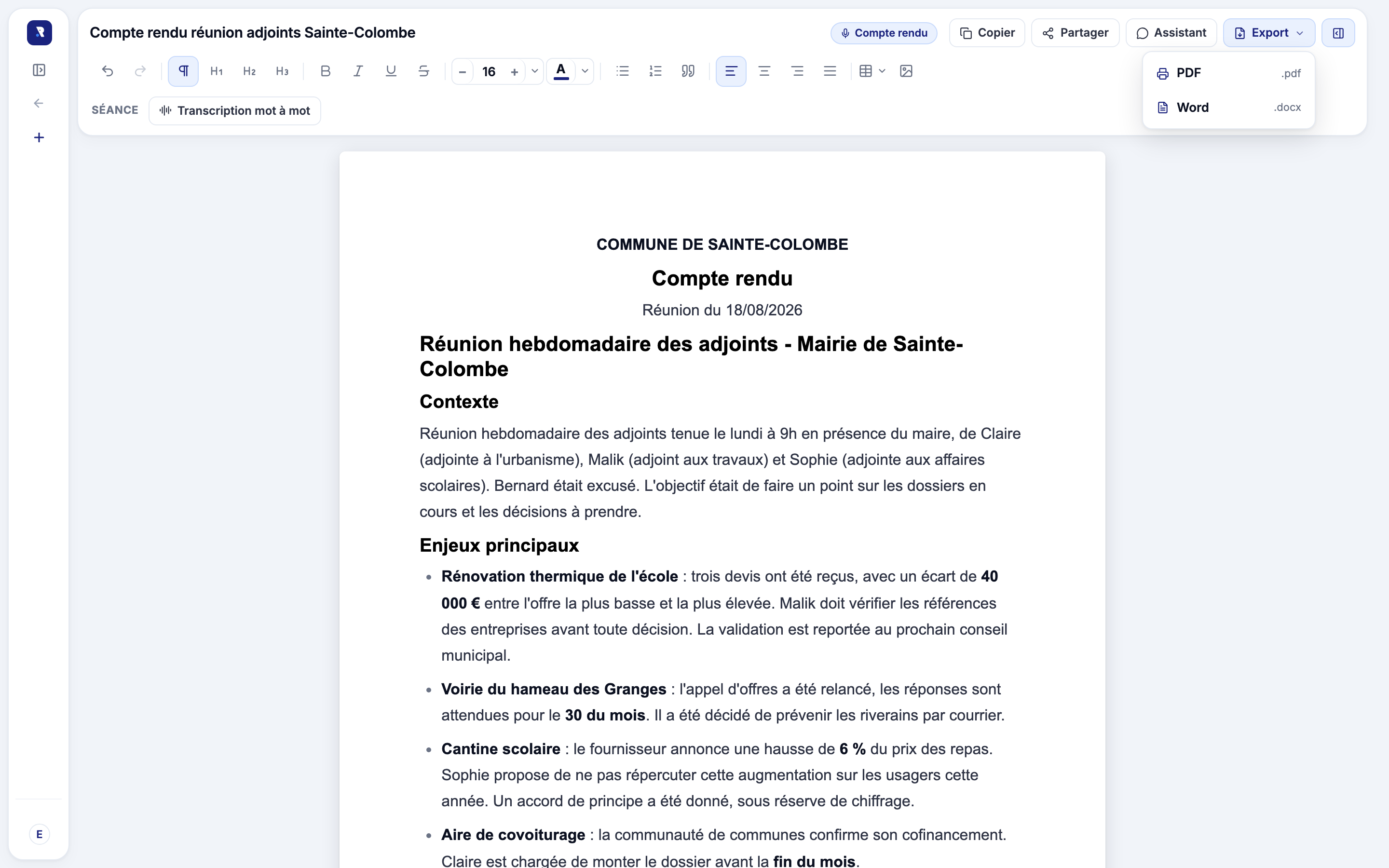 Éditeur Rostra ouvert sur un compte rendu de réunion, menu d'export déployé sur PDF et Word