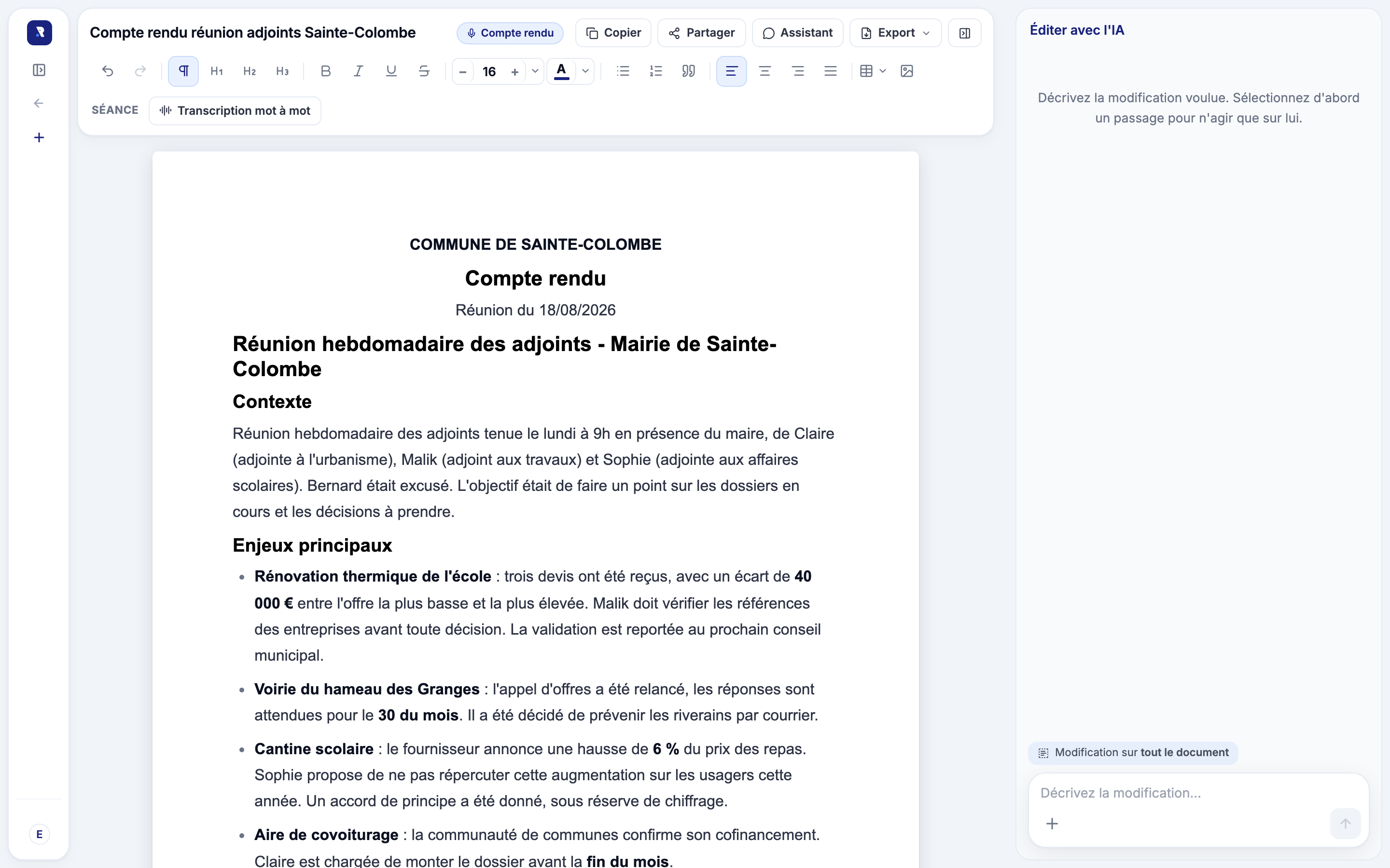 Compte rendu de réunion municipale rédigé par Rostra, ouvert dans l'éditeur assisté par IA