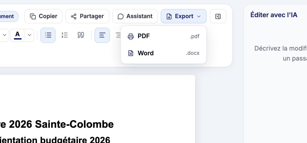 Barre d'actions de l'éditeur Rostra : copier, partager, assistant, et export en PDF ou Word