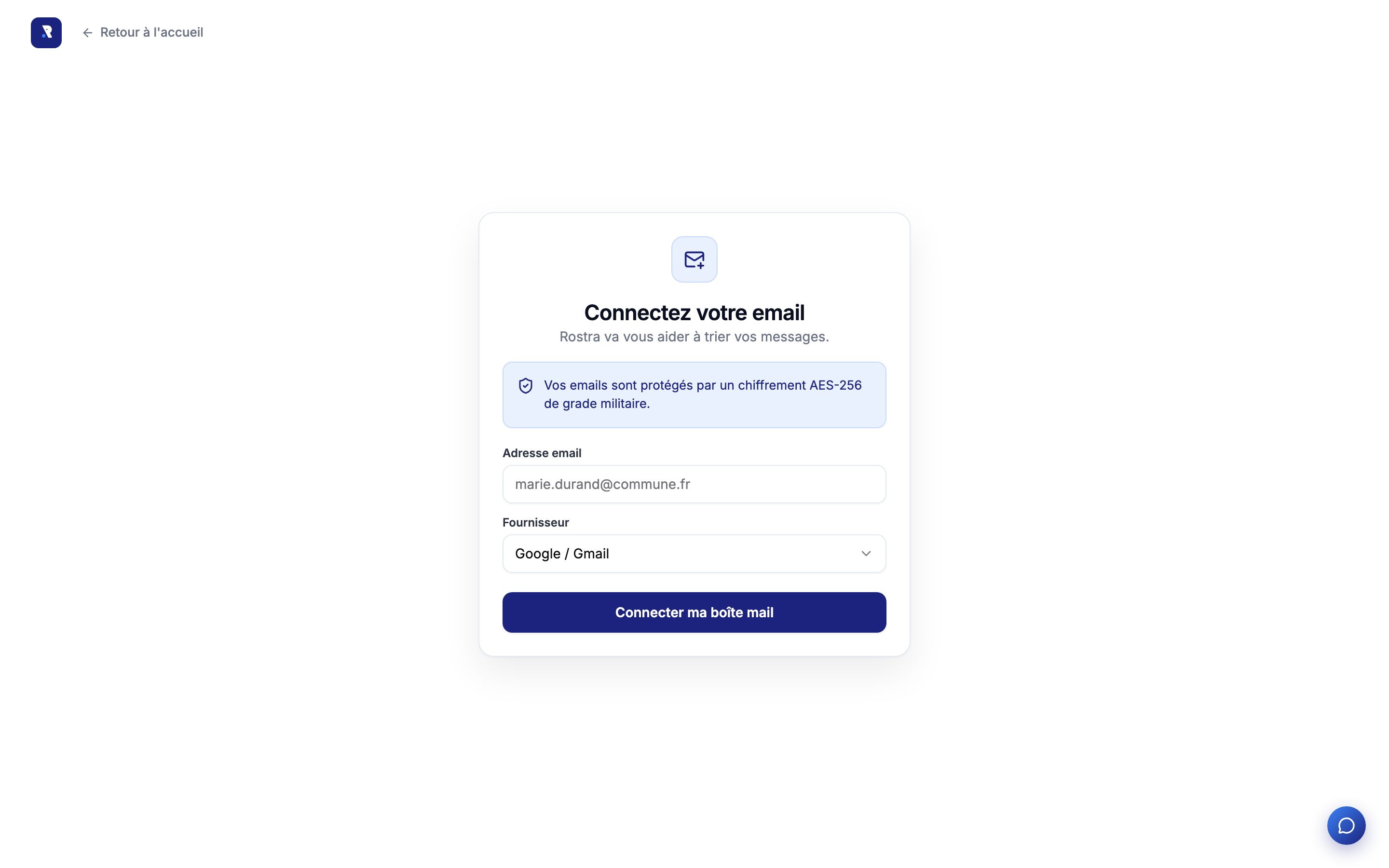 Écran de connexion d'une boîte mail à Rostra, avec le choix du fournisseur
