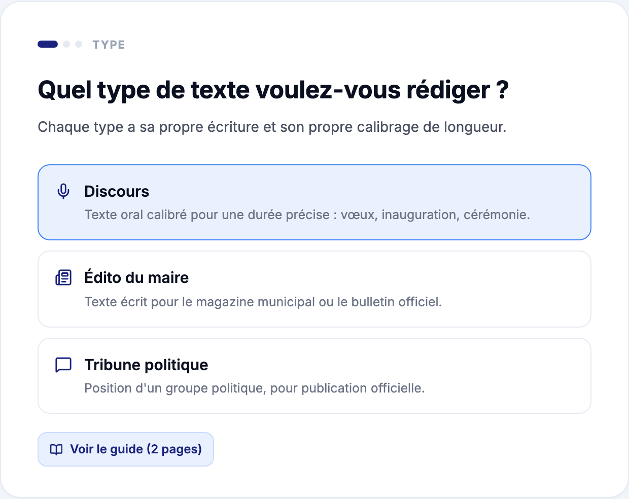 Choix du type de contenu institutionnel dans Rostra : discours, édito du maire ou tribune politique