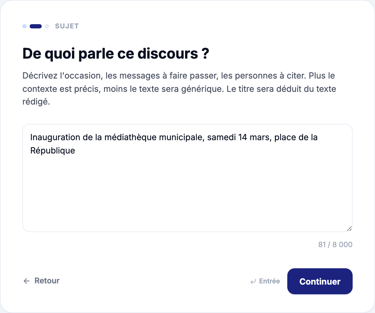 Réglages d'un discours dans Rostra : occasion, messages à faire passer et durée de prise de parole