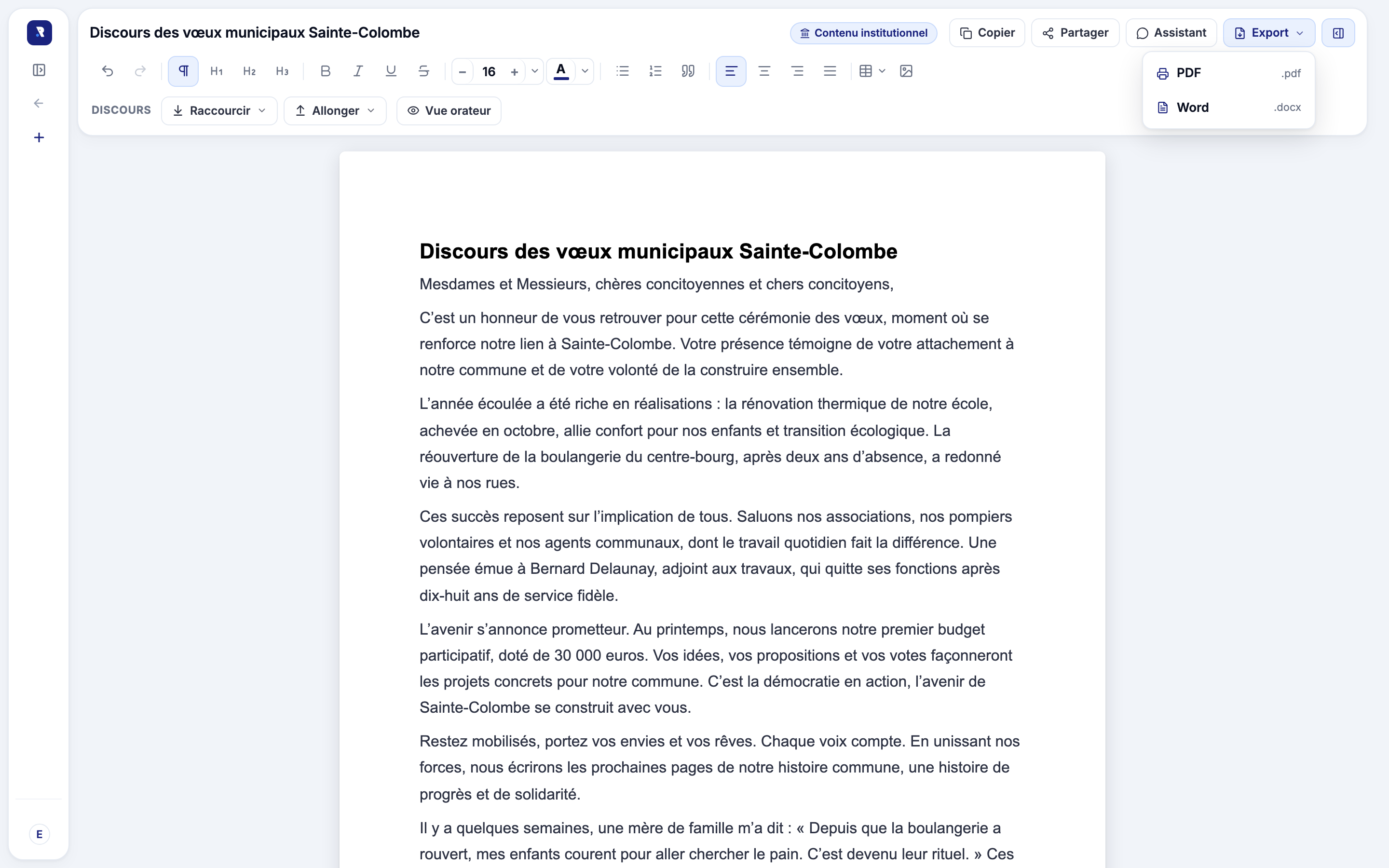 Éditeur Rostra ouvert sur un discours de vœux municipaux, menu d'export déployé sur PDF et Word