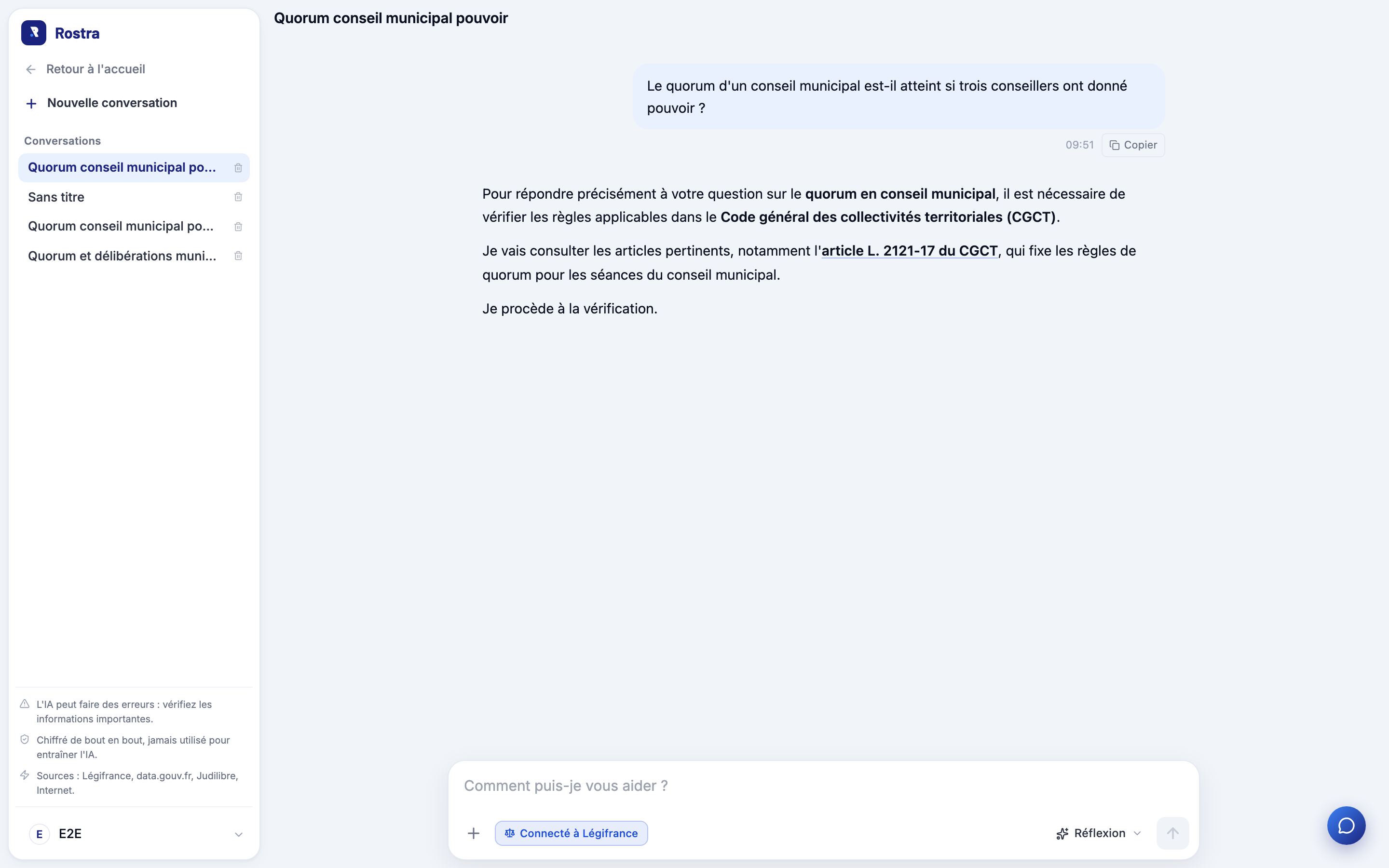 Réponse de l'assistant juridique Rostra sur le quorum d'un conseil municipal, avec ses références au CGCT