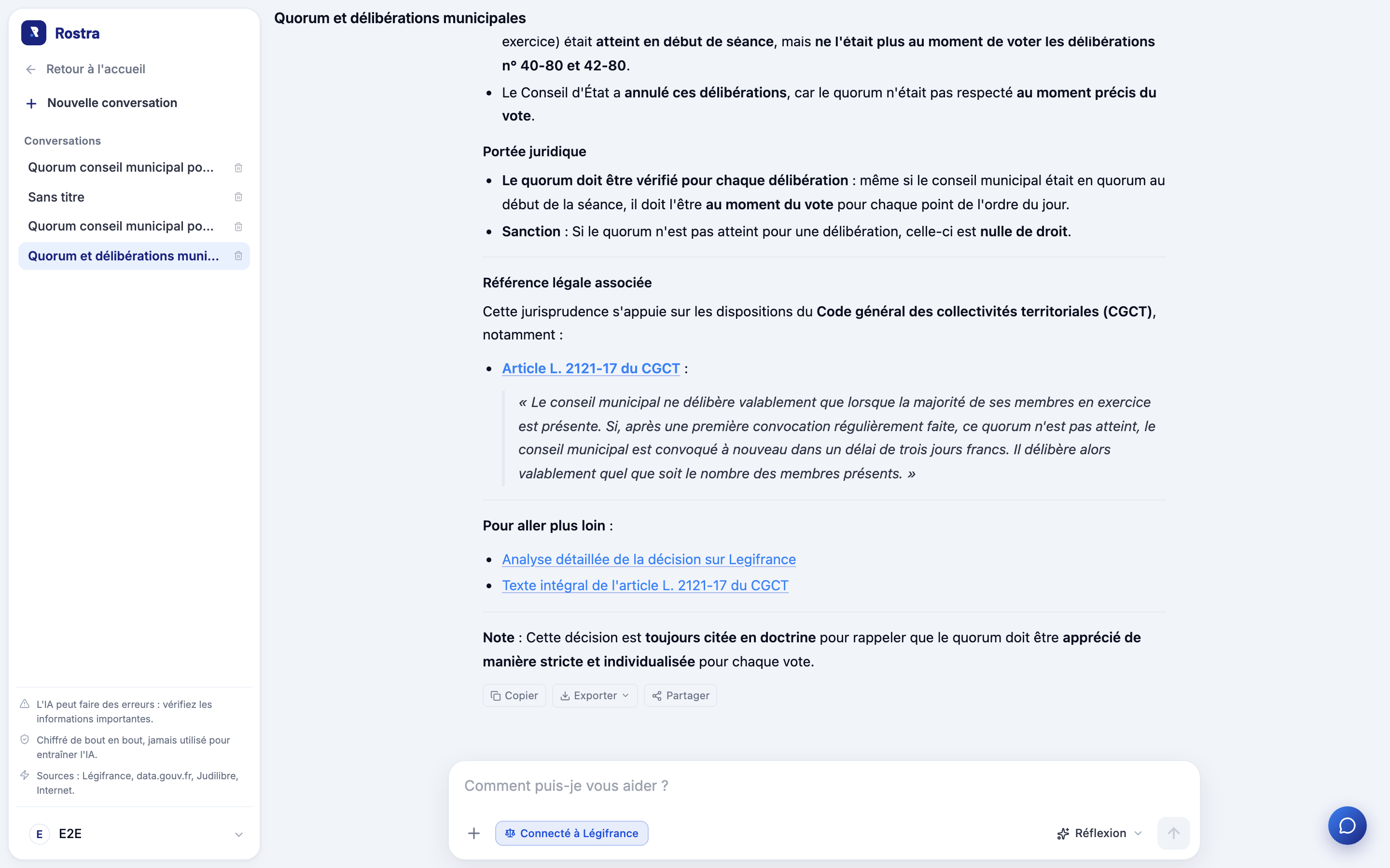 Article L. 2121-17 du CGCT cité par l'assistant juridique Rostra, avec son texte et le lien vers Légifrance