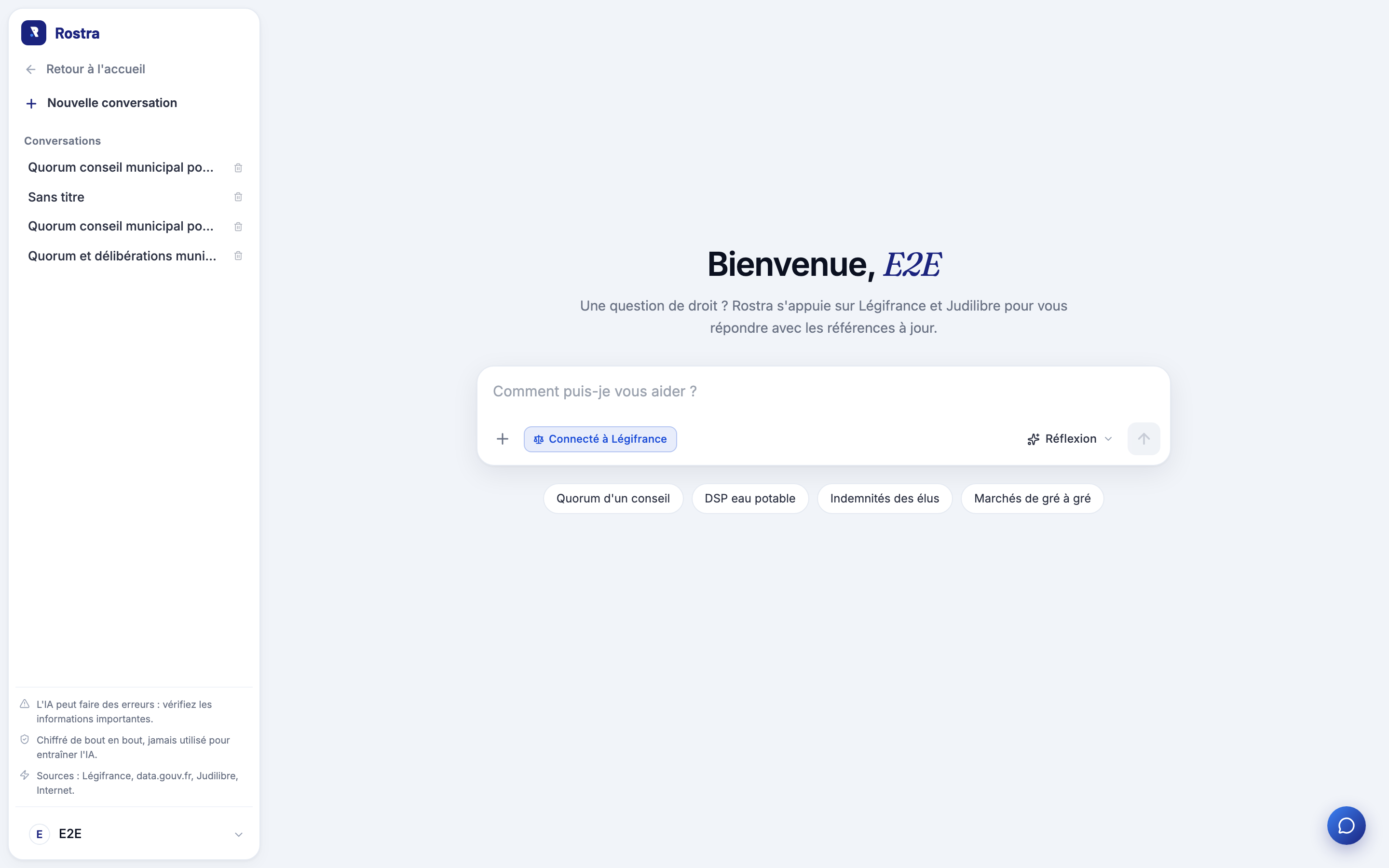 Assistant juridique de Rostra connecté à Légifrance, avec des questions de droit des collectivités