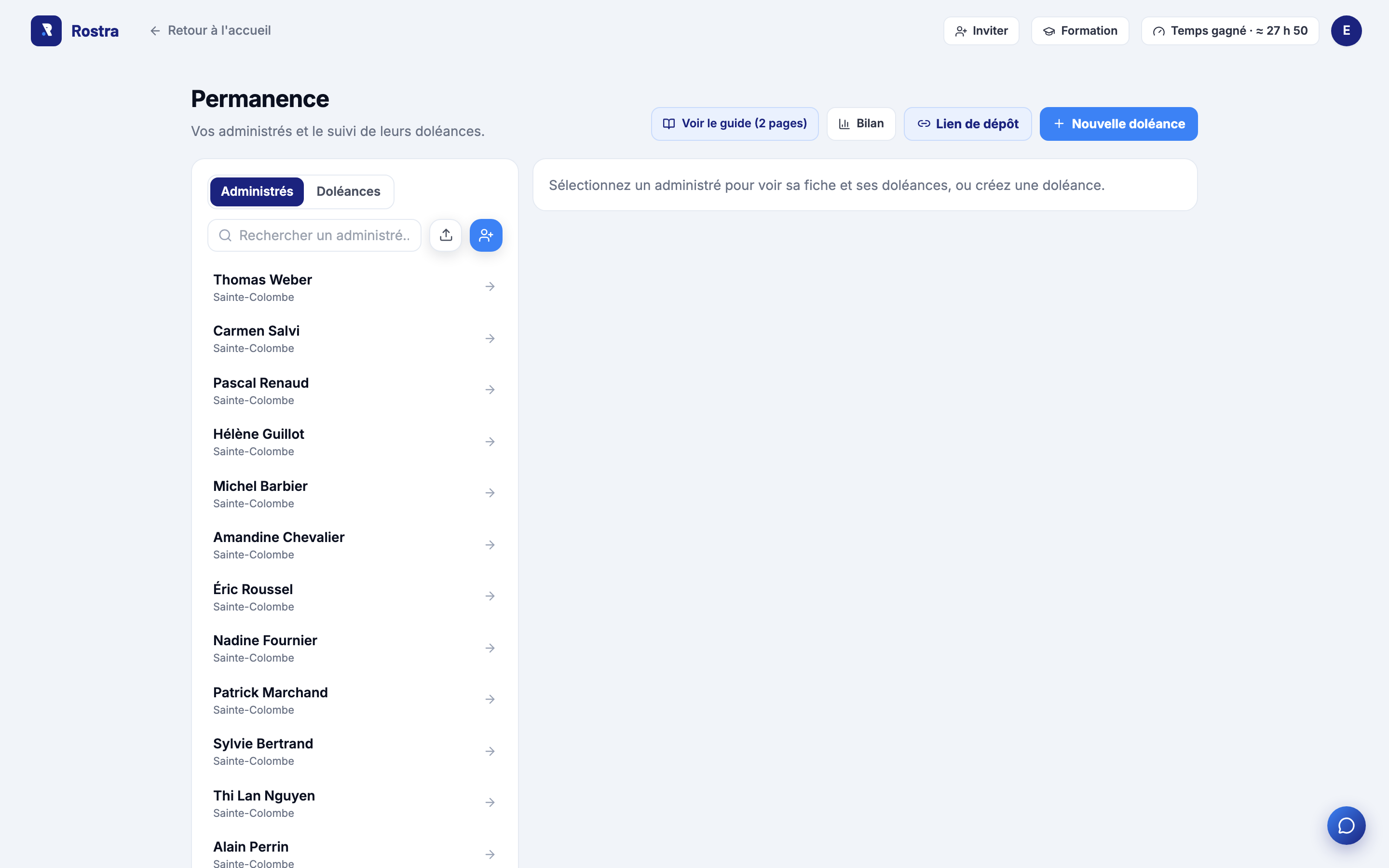 Liste des administrés suivis dans le module Permanence de Rostra