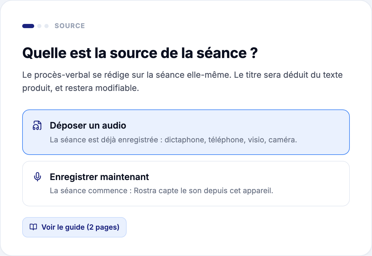 Écran de dépôt d'une séance de conseil municipal dans Rostra : déposer un audio déjà enregistré ou enregistrer la séance en direct