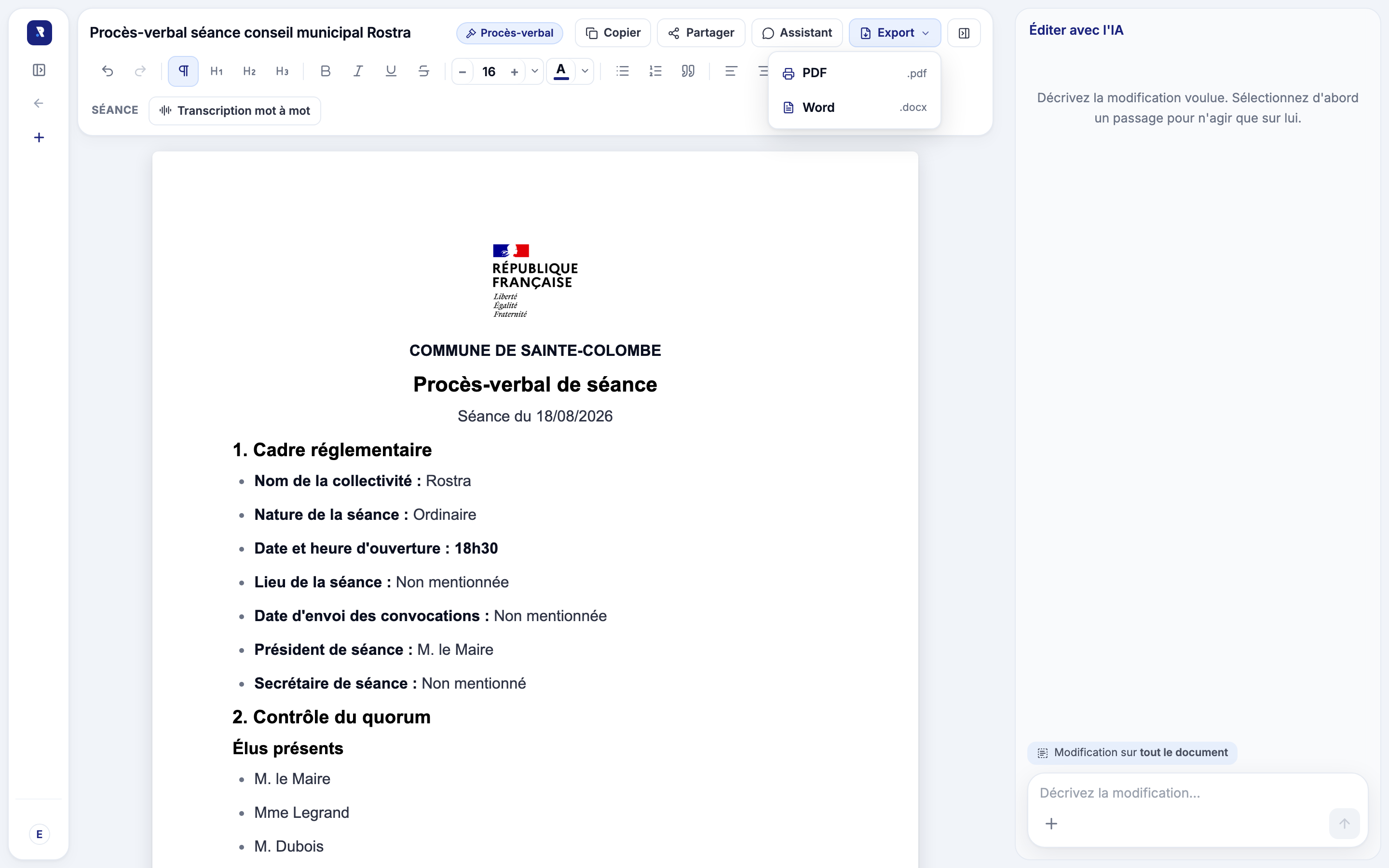 Éditeur Rostra ouvert sur un procès-verbal de conseil municipal, menu d'export déployé sur PDF et Word