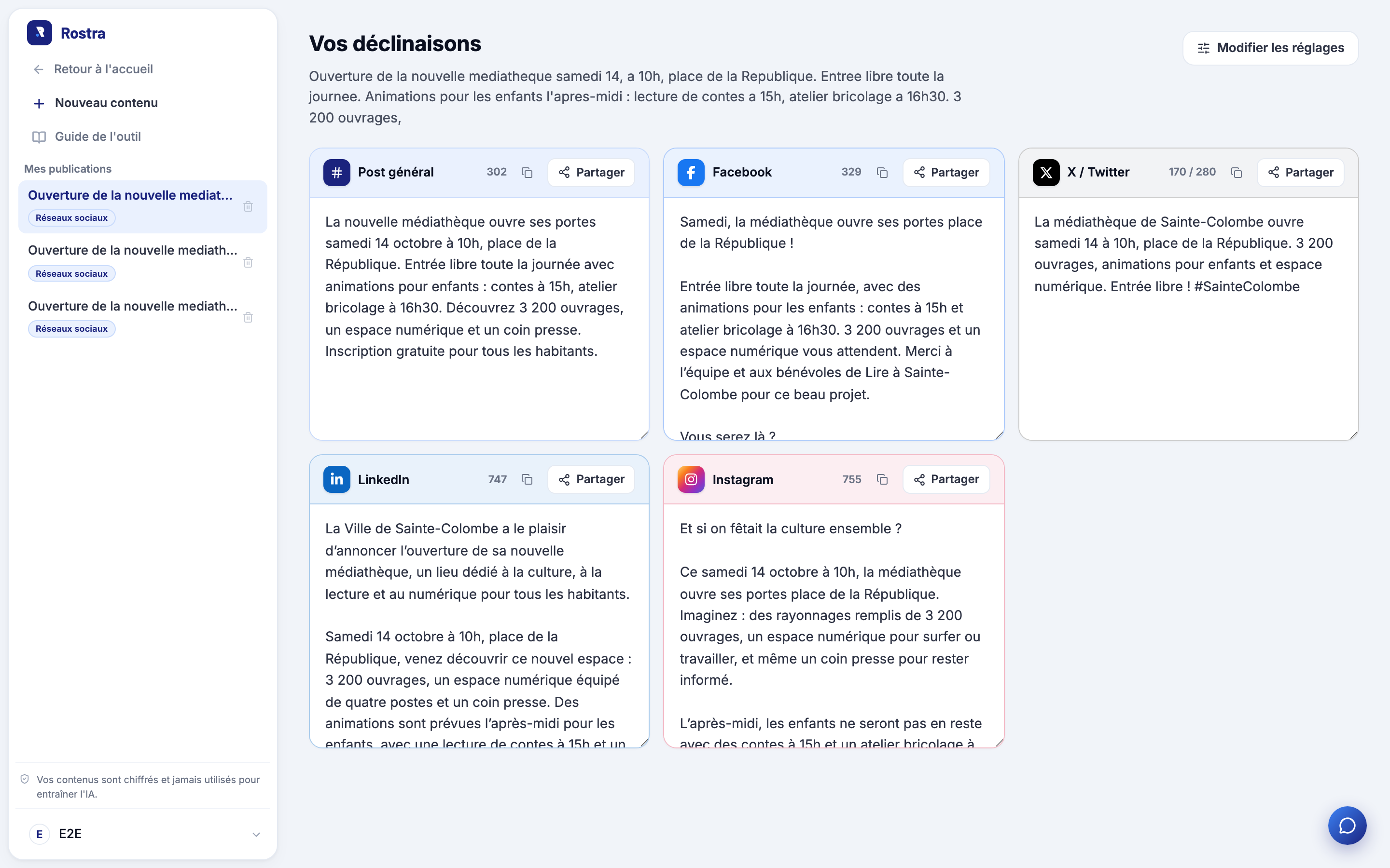 Versions d'une publication municipale générées par Rostra pour chaque réseau social