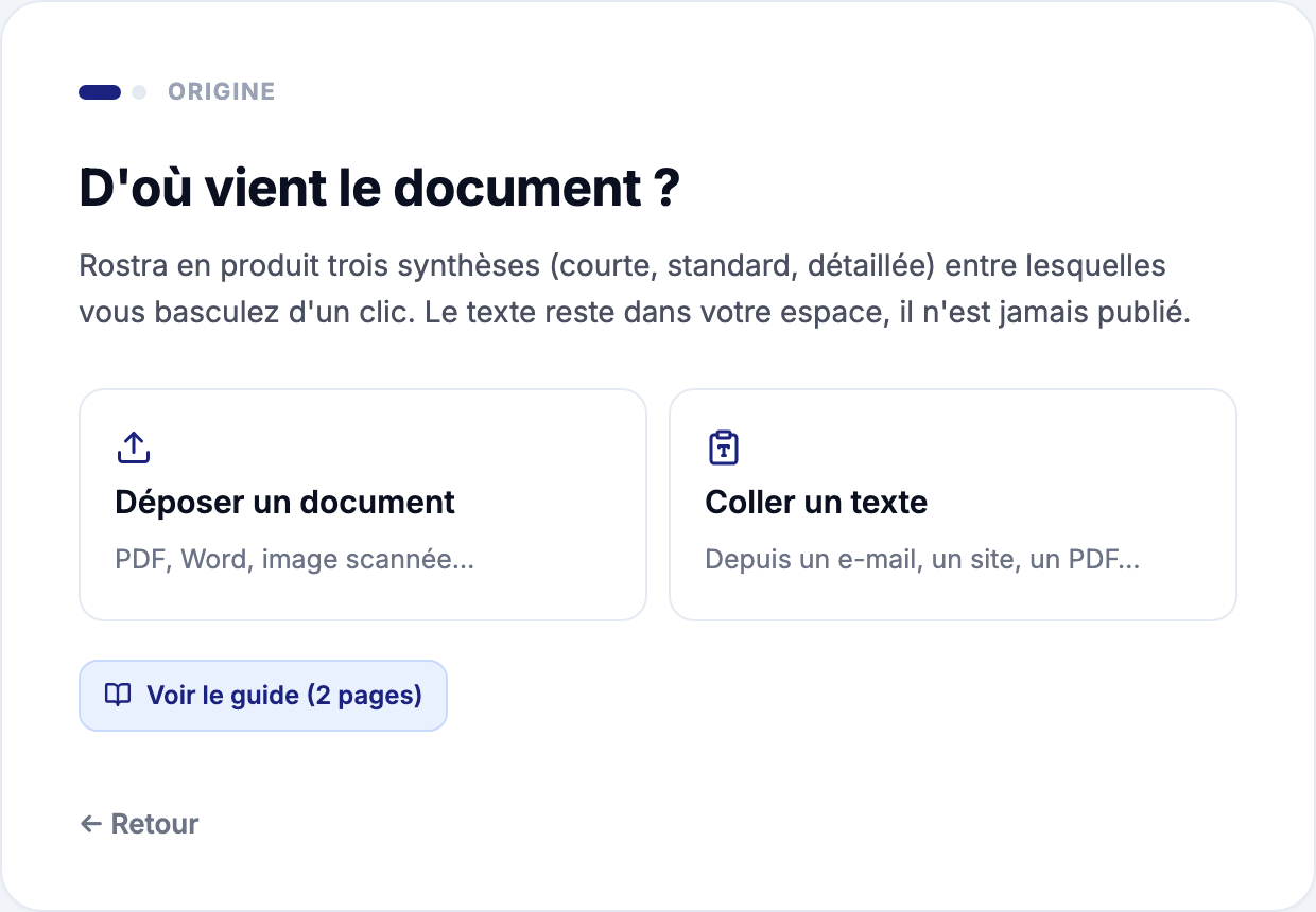 Dépôt d'un document à résumer dans Rostra : fichier PDF, Word, image scannée ou texte collé