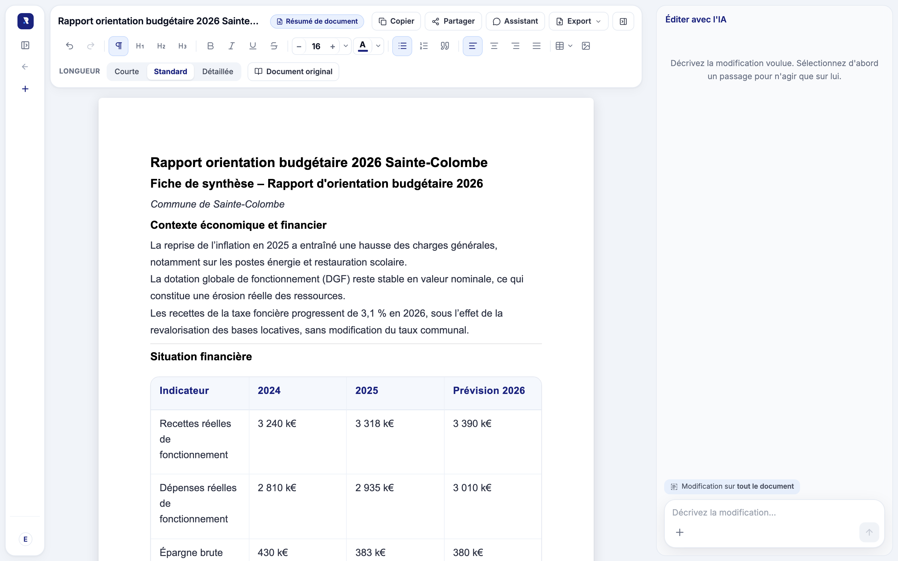 Résumé d'un rapport d'orientation budgétaire produit par Rostra, ouvert dans l'éditeur