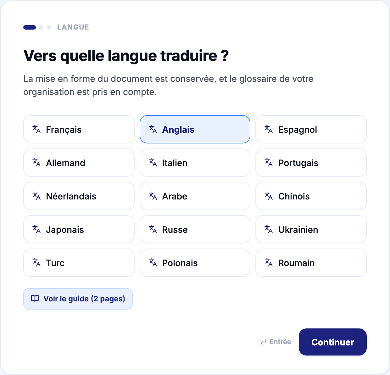 Choix de la langue de traduction dans Rostra, parmi quinze langues