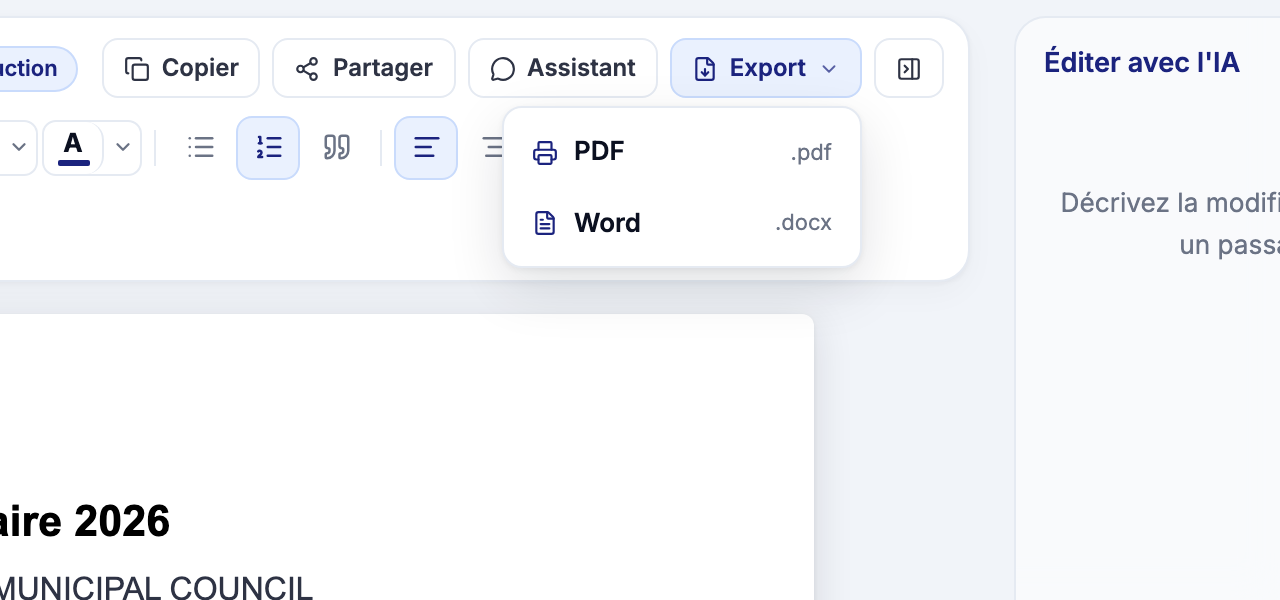 Barre d'actions de l'éditeur Rostra sur un document traduit : copier, partager, export PDF ou Word