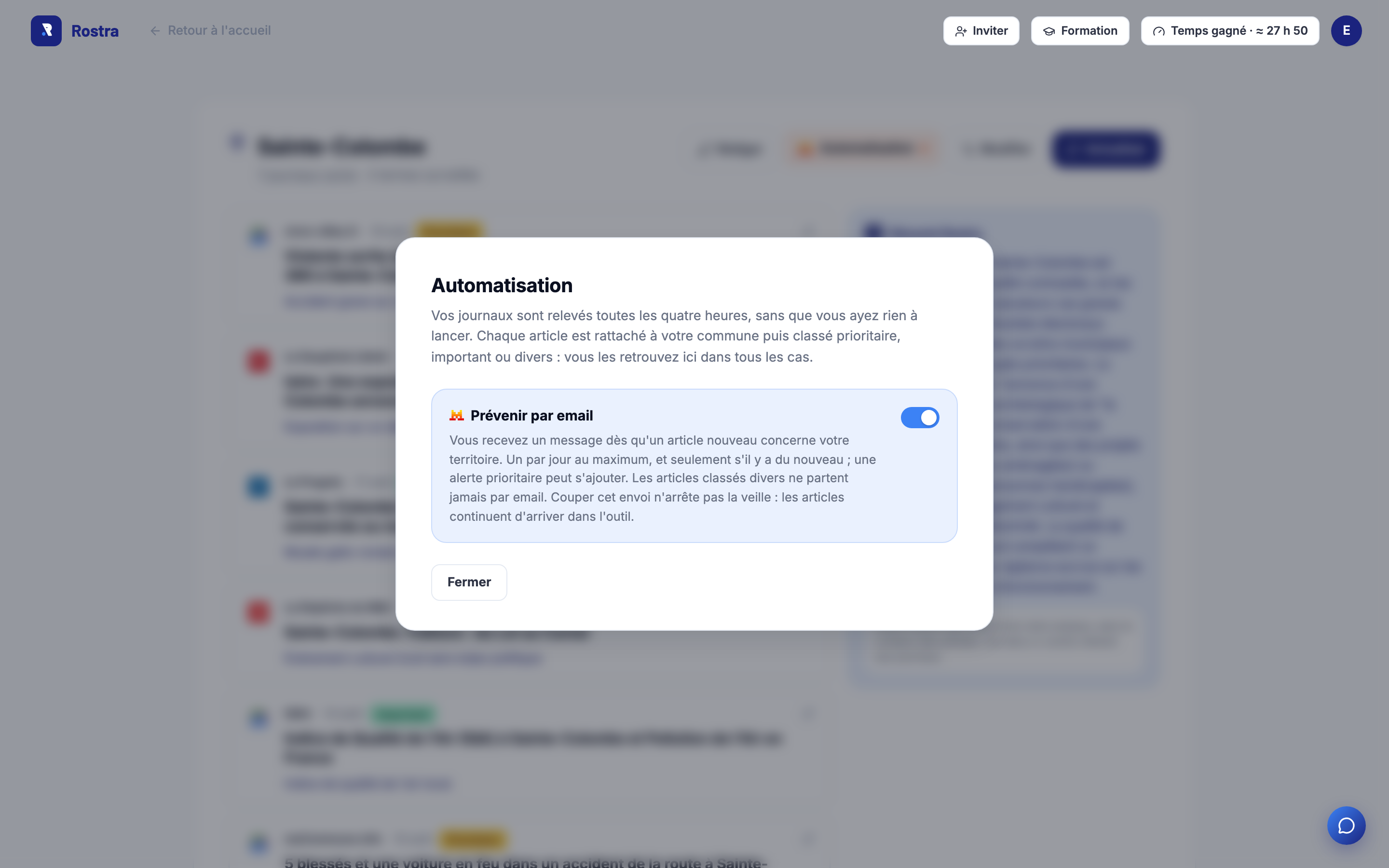 Réglage de l'envoi automatique de la veille presse dans Rostra : relevé toutes les quatre heures et alerte par email