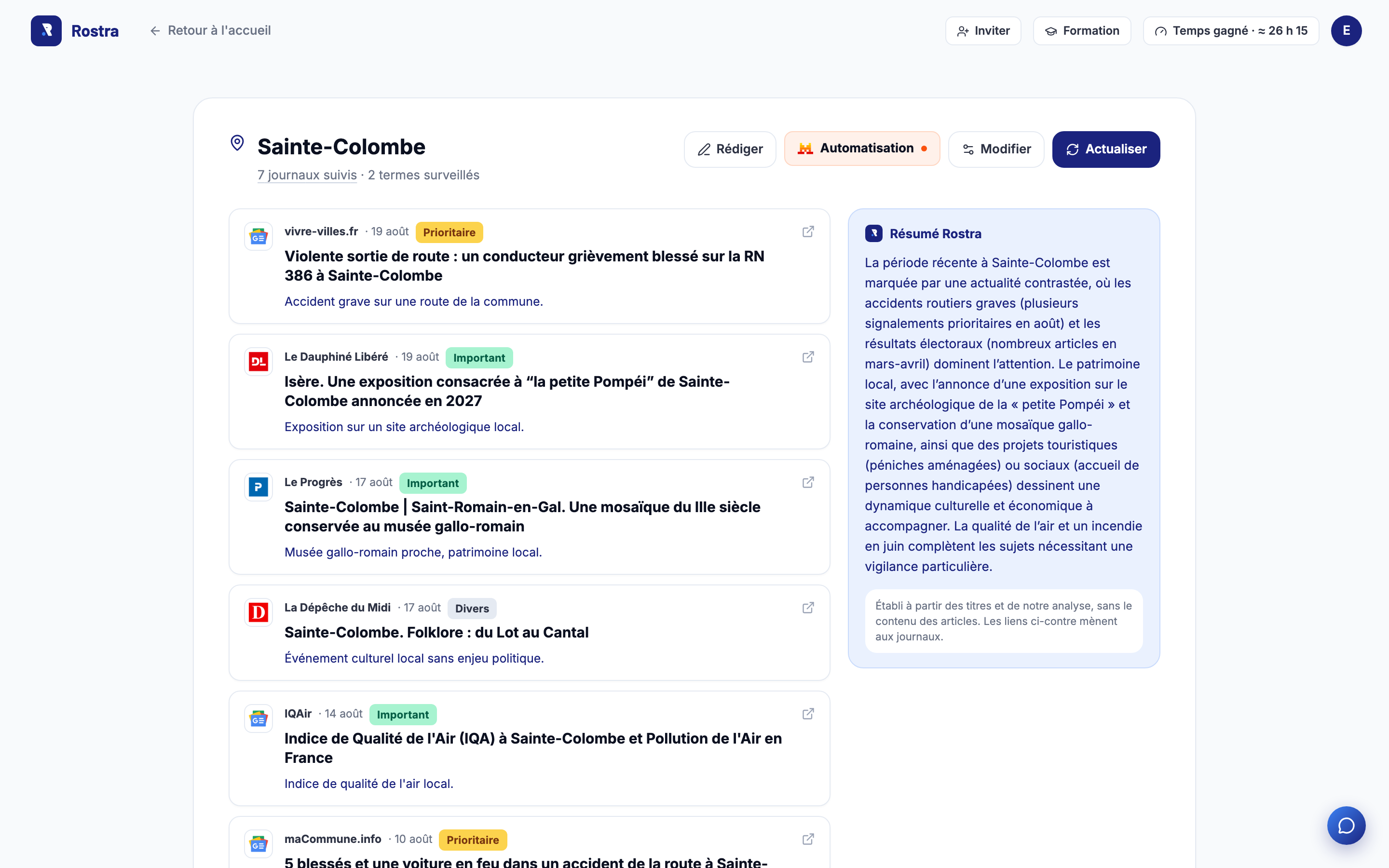 Veille presse de Rostra : articles concernant la commune, classés par importance